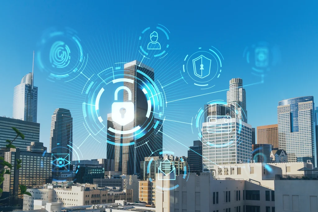 City skyline with digital cybersecurity icons overlay, representing smart city data protection.
